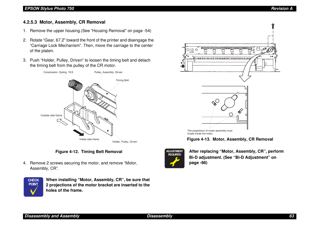 Epson Photo750 manual Motor, Assembly, CR Removal, Bi-D adjustment. See Bi-D Adjustment on 