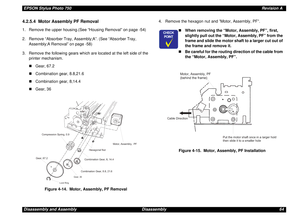 Epson Photo750 manual Motor Assembly PF Removal, Motor, Assembly, PF Installation 