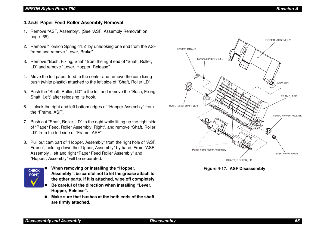 Epson Photo750 manual Paper Feed Roller Assembly Removal, E „ When removing or installing the Hopper 