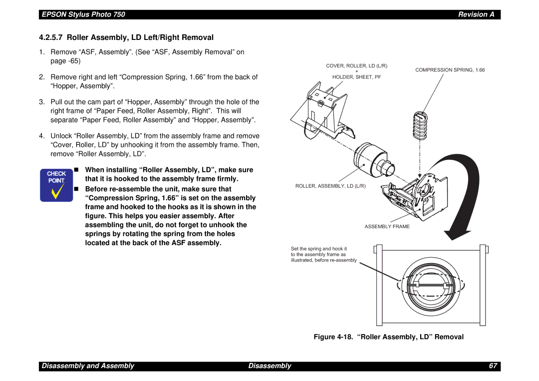 Epson Photo750 manual Roller Assembly, LD Left/Right Removal, Roller Assembly, LD Removal 