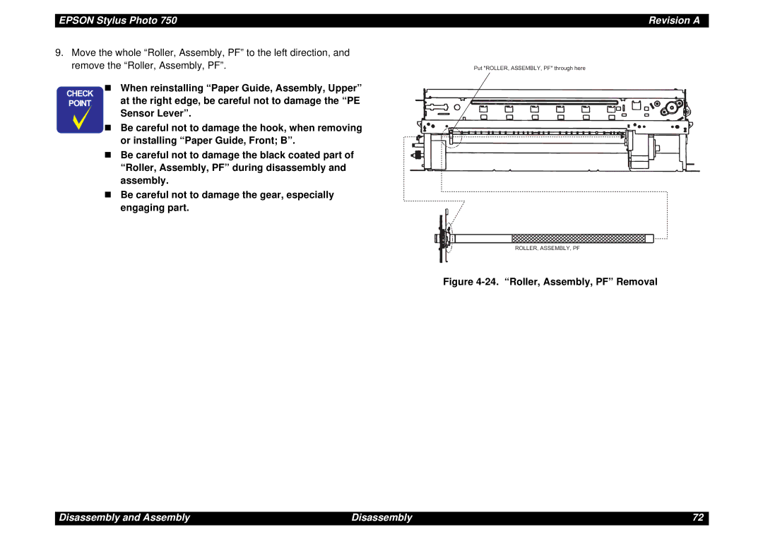Epson Photo750 manual Roller, Assembly, PF Removal 