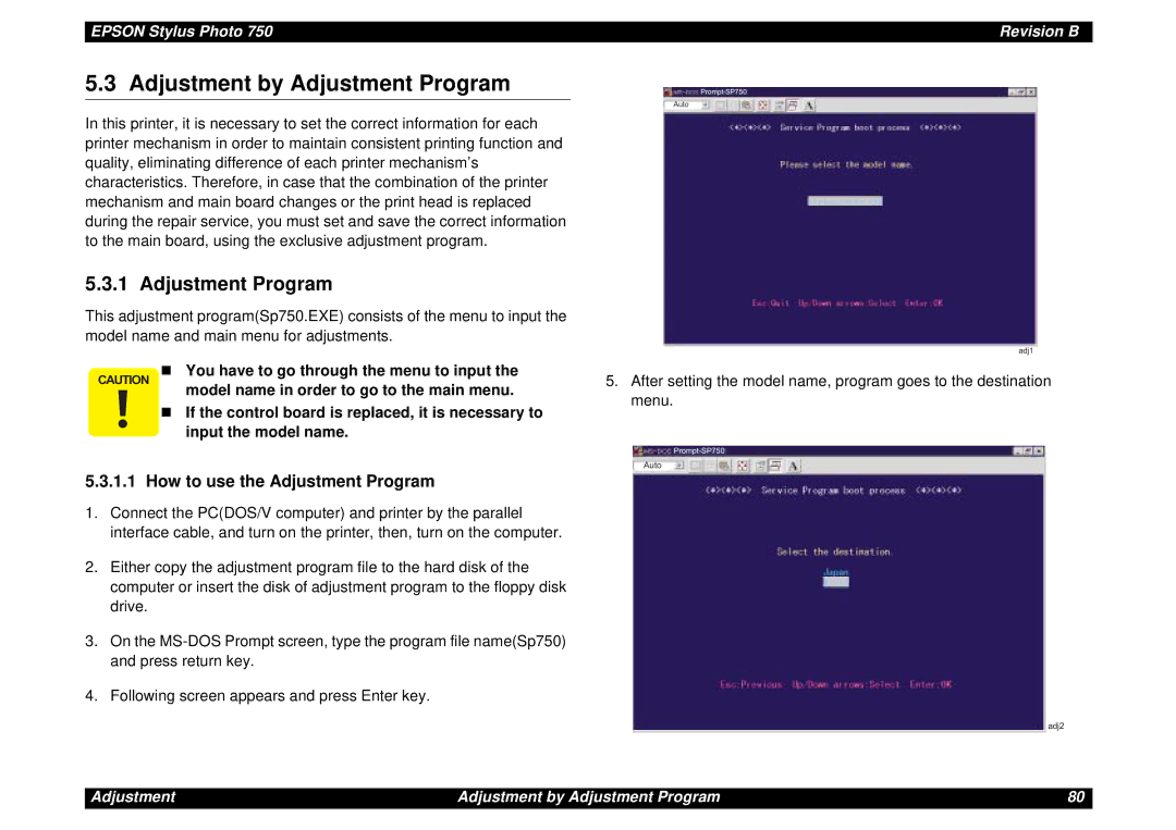 Epson Photo750 manual Adjustment by Adjustment Program, How to use the Adjustment Program 