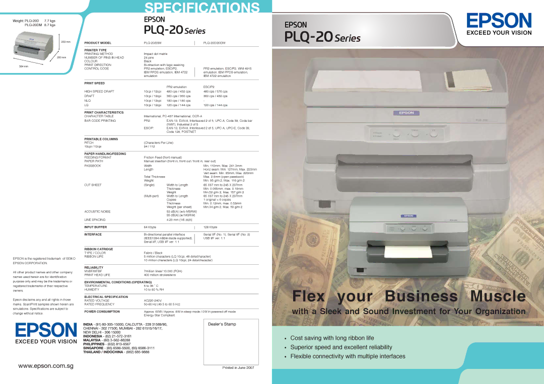 Epson PLQ-20 Series specifications Product Model, Printer Type, Print Speed, Print Characteristics, Printable Columns 