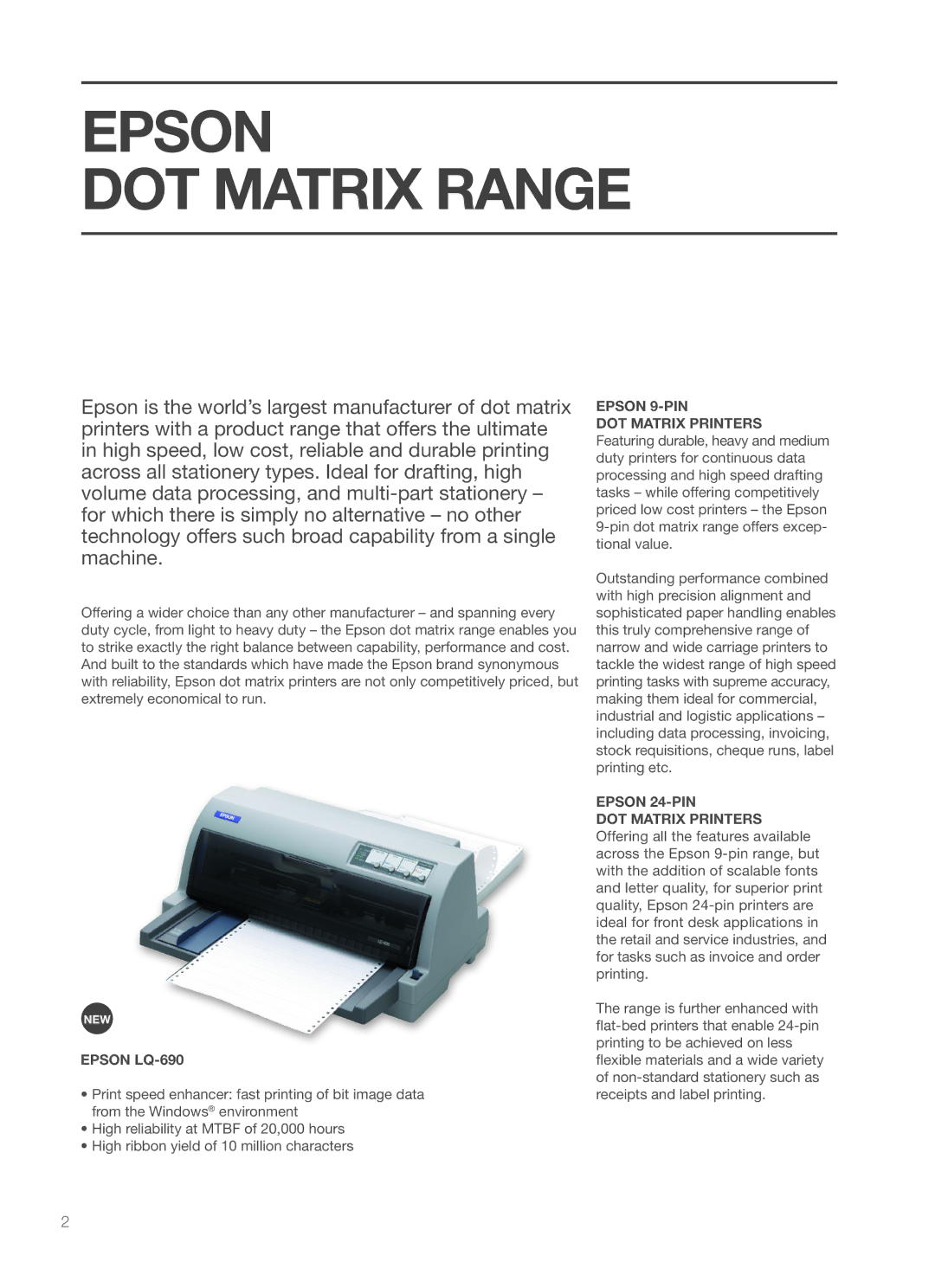 Epson PLQ-20/20M, PLQ-20D/20DM, LQ-690, 2090, LQ-680/680PRO, 590, 630, LQ-300+II, 1170 II manual Epson DOT Matrix Range 