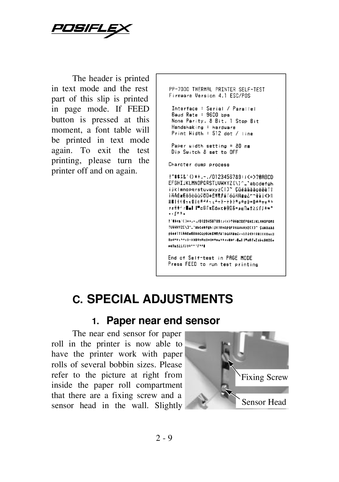 Epson PP-7000IIUSB warranty Special Adjustments, Paper near end sensor 