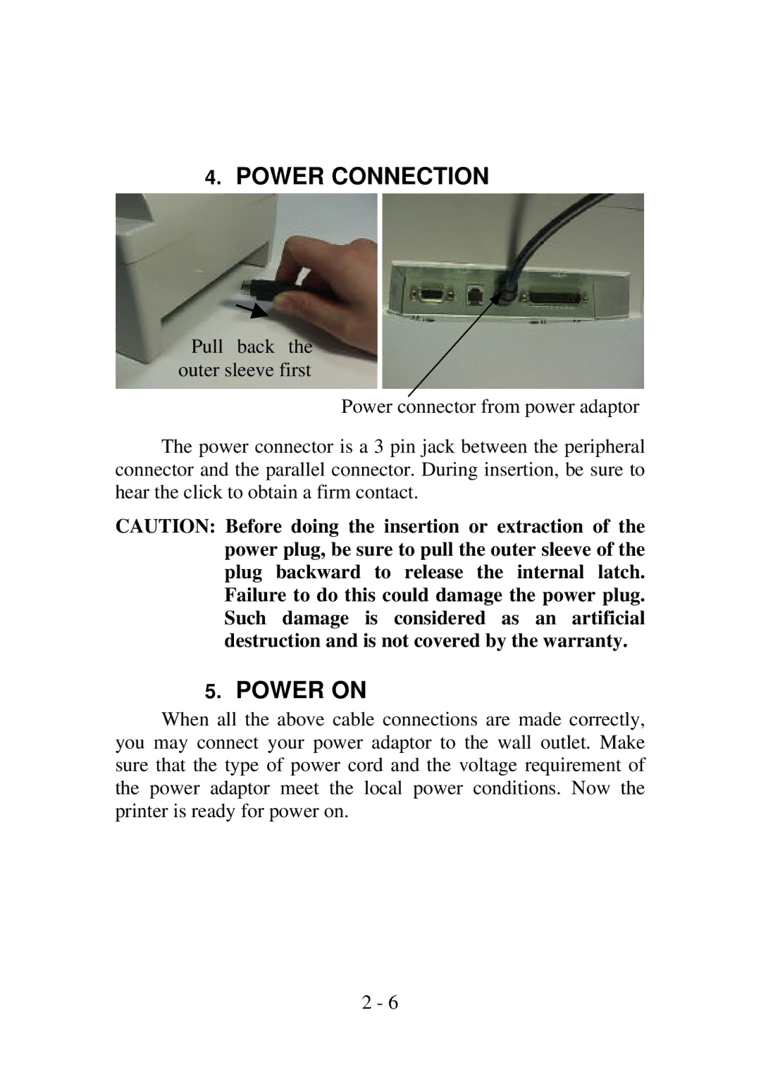 Epson PP4000 manual Power Connection, Power on 