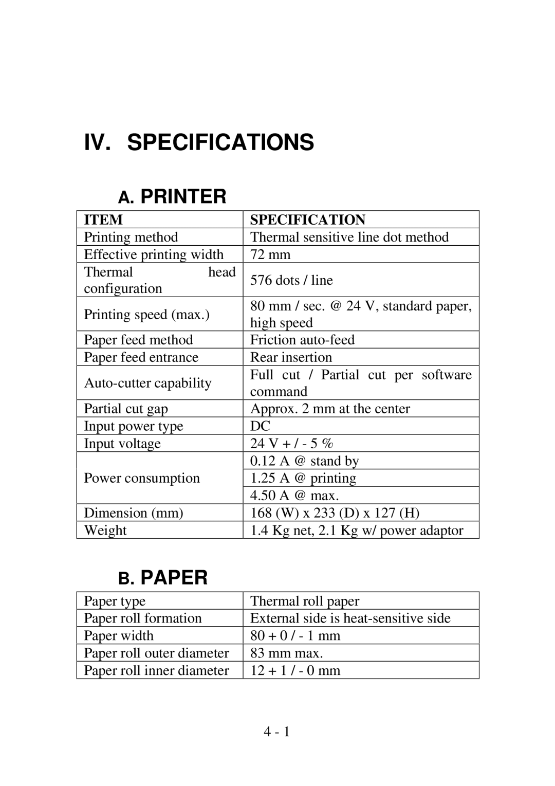 Epson PP4000 manual IV. Specifications, Printer, Paper 