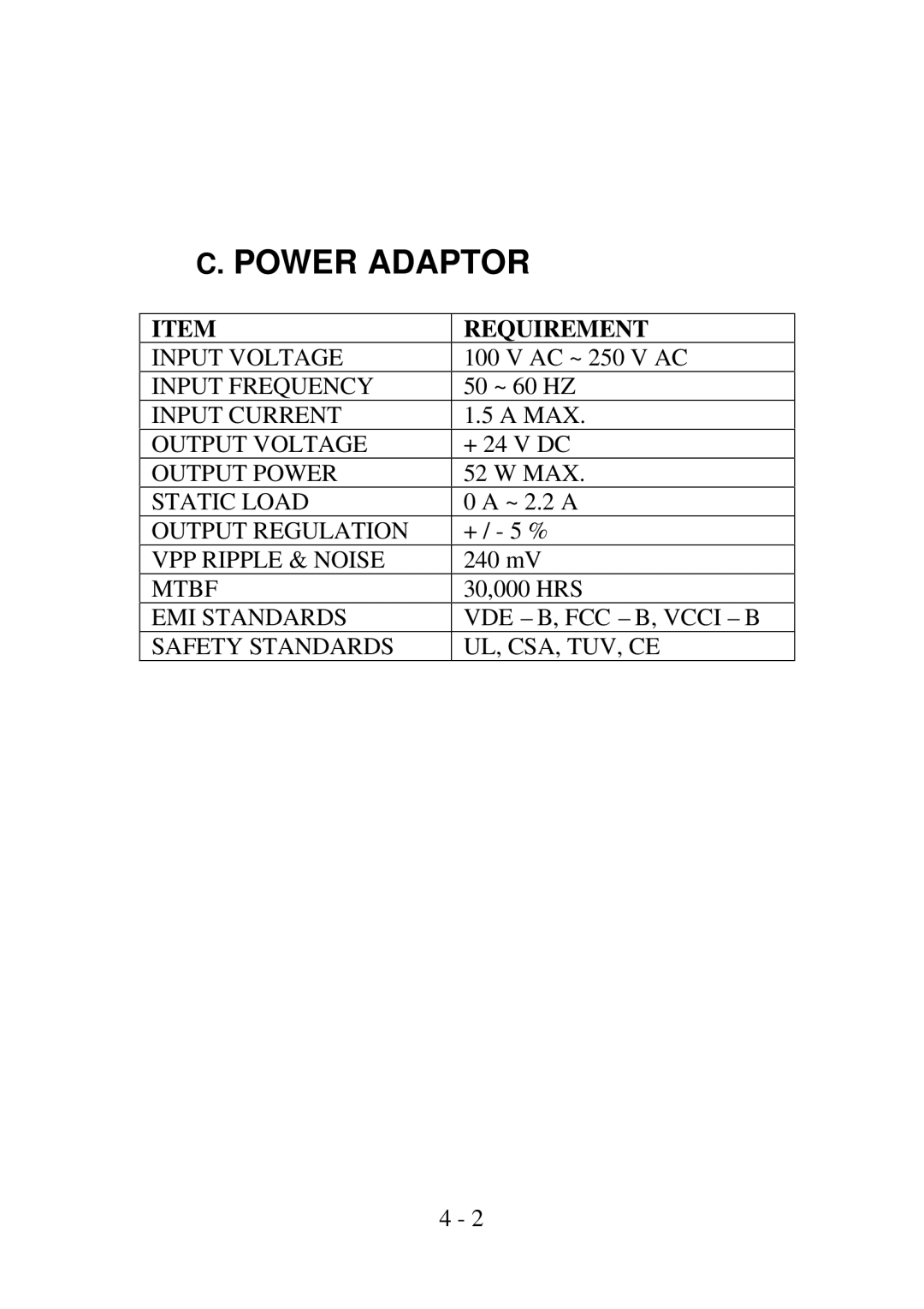 Epson PP4000 manual Power Adaptor, Requirement 