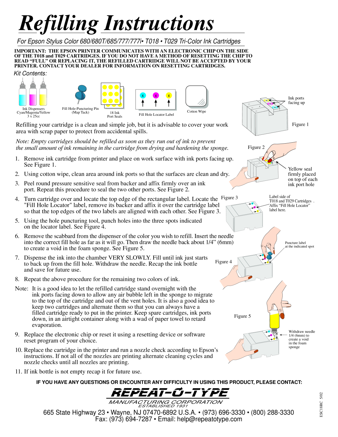 Epson Printer Accessories manual Refilling Instructions, State Highway 23 Wayne, NJ 07470-6892 U.S.A, Kit Contents 