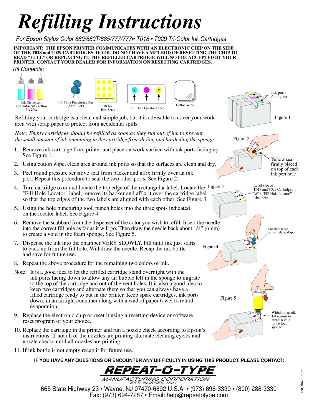 Epson Printer Accessories manual Refilling Instructions, Kit Contents 