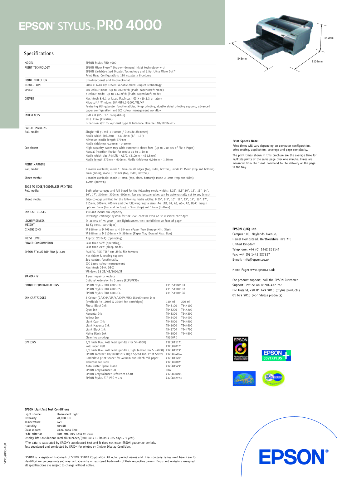 Epson Pro 4000 manual Specifications 