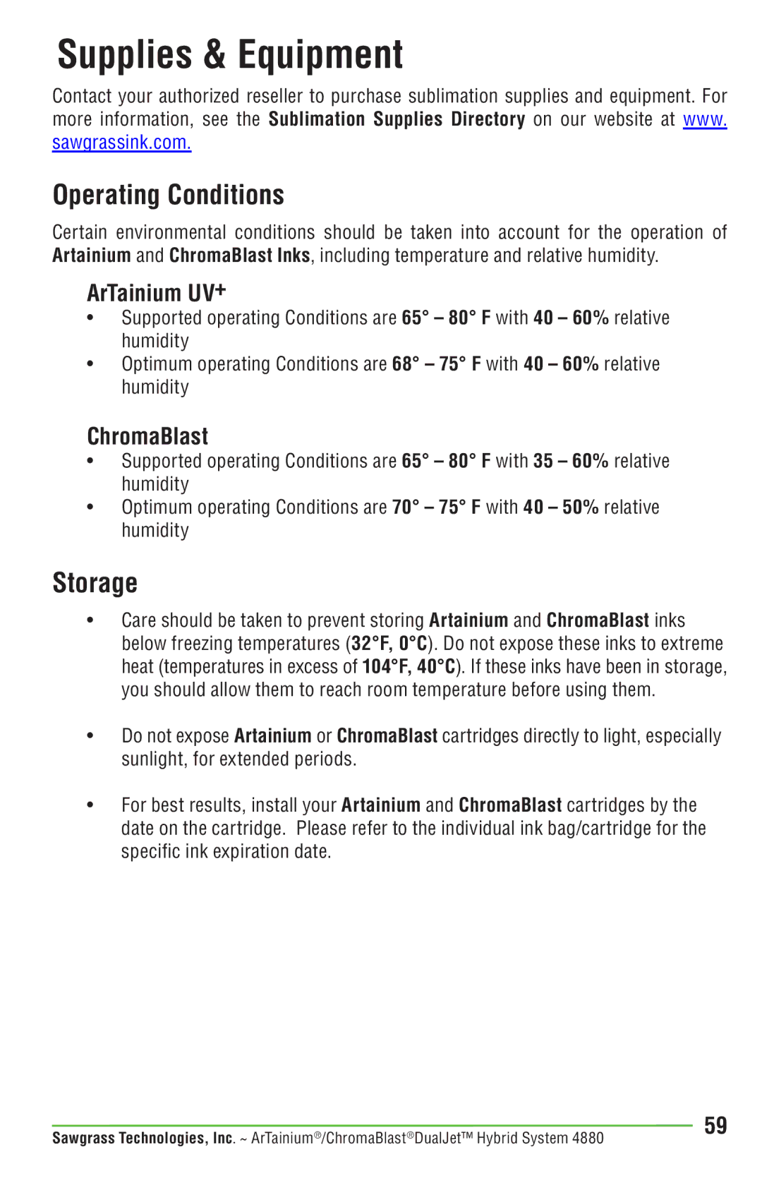 Epson PRO 4880 manual Operating Conditions, Storage, ArTainium UV+, ChromaBlast 