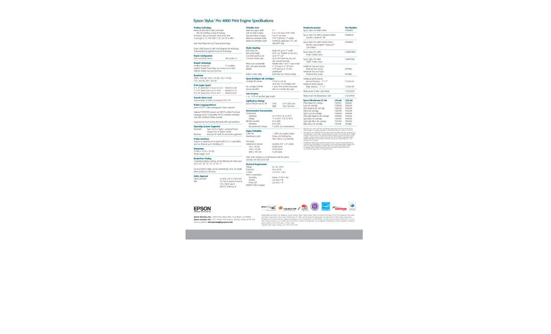 Epson PRO 4880 specifications Epson Stylus Pro 4880 Print Engine Specifications 