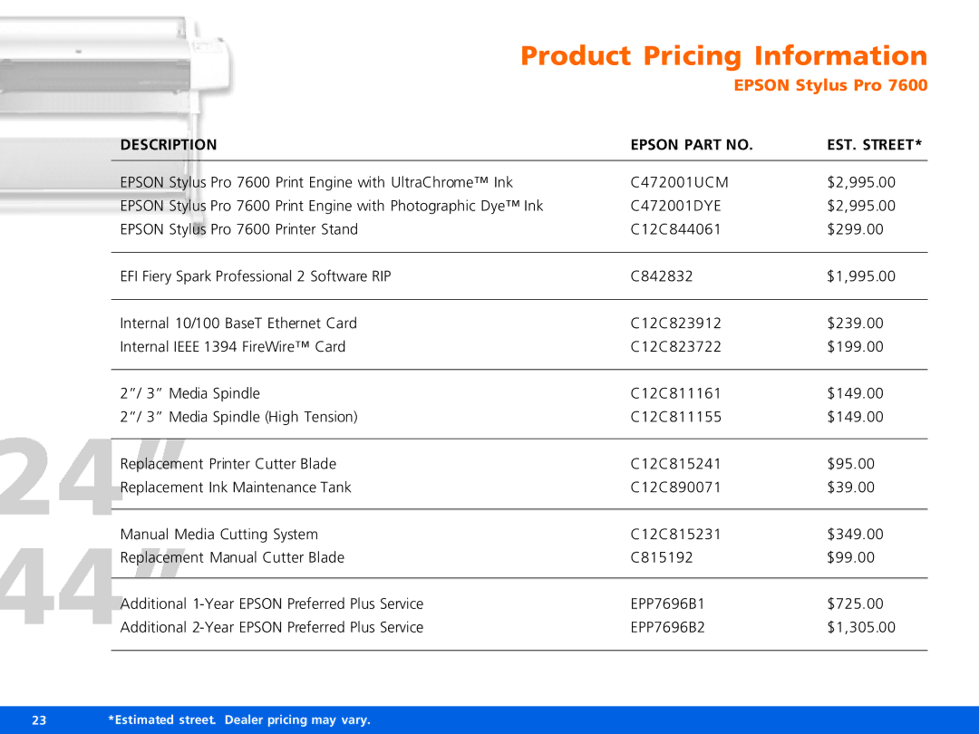 Epson Pro 7600, Pro 9600 manual Product Pricing Information, Epson Stylus Pro 