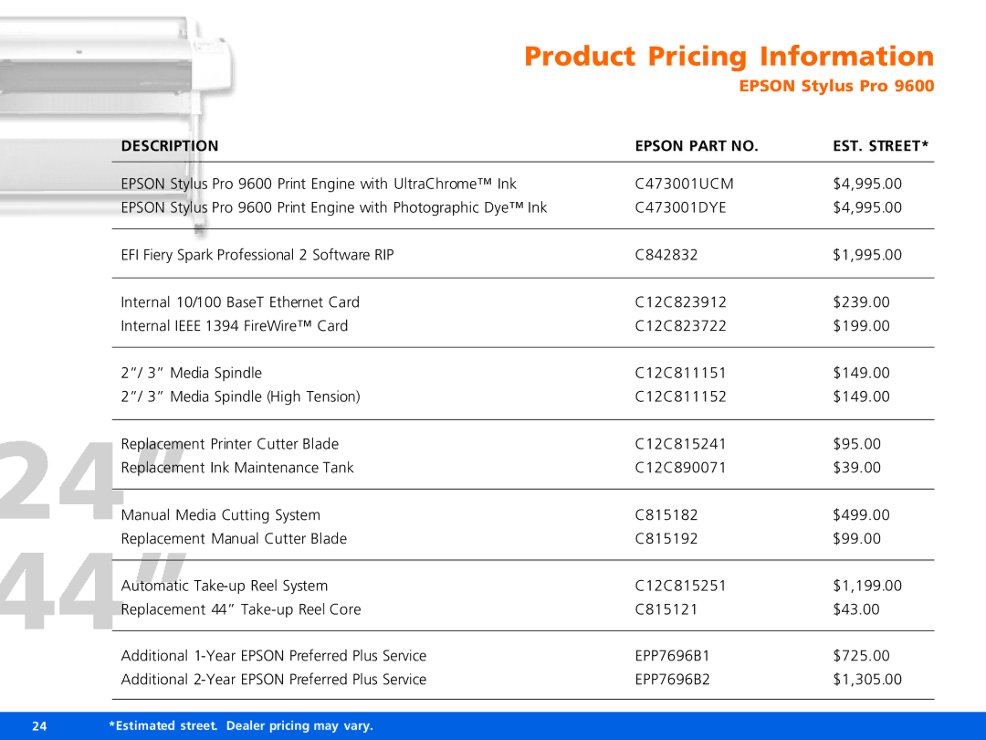 Epson Pro 9600, Pro 7600 manual Product Pricing Information 