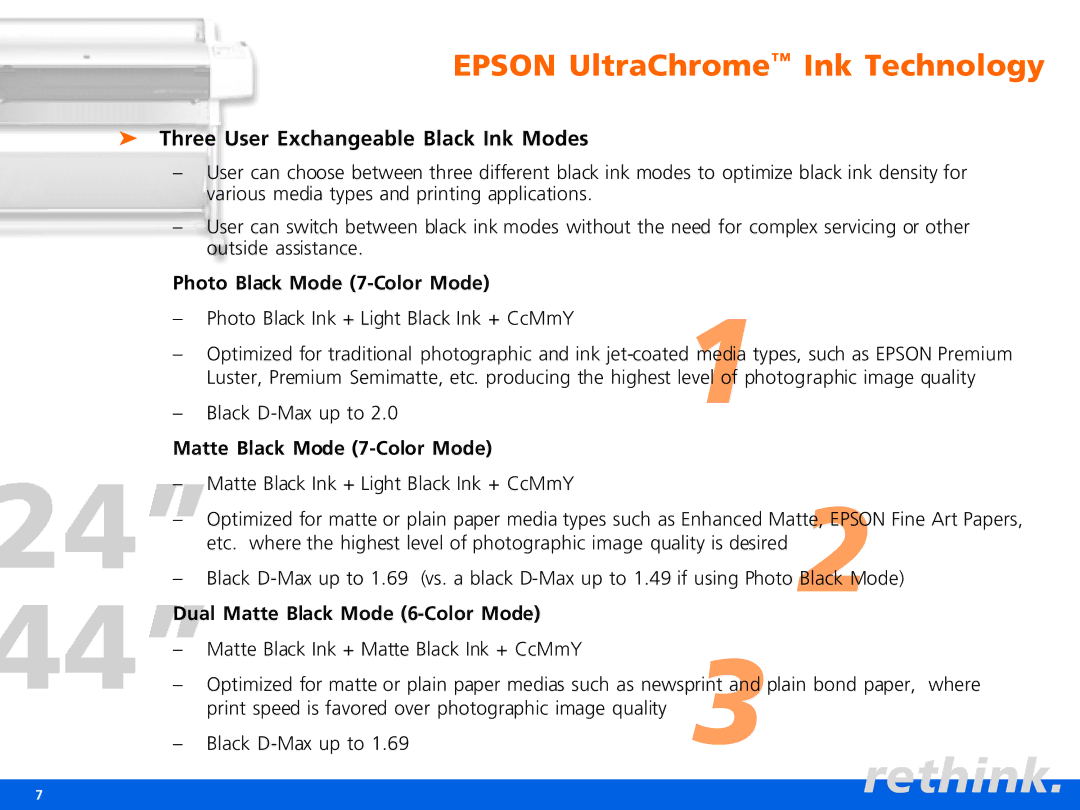 Epson Pro 7600, Pro 9600 manual Three User Exchangeable Black Ink Modes 