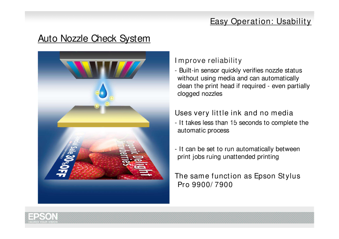 Epson Pro 7700, Pro 9700 manual Auto Nozzle Check System, Improve reliability 