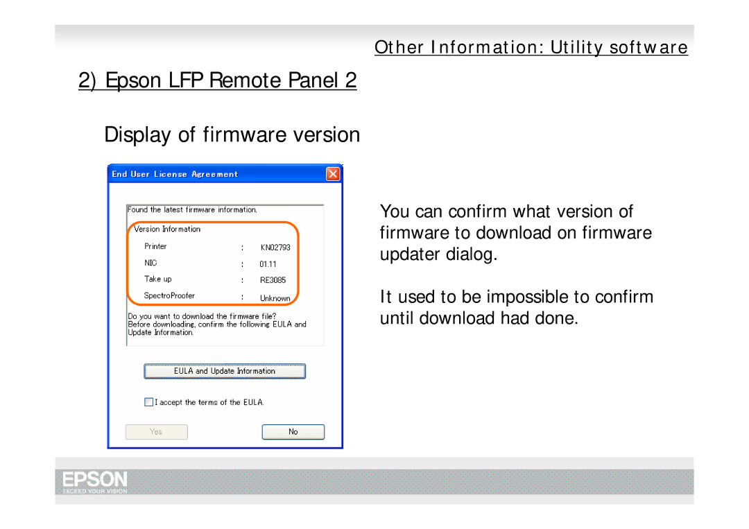 Epson Pro 9700, Pro 7700 manual Epson LFP Remote Panel 2 Display of firmware version 