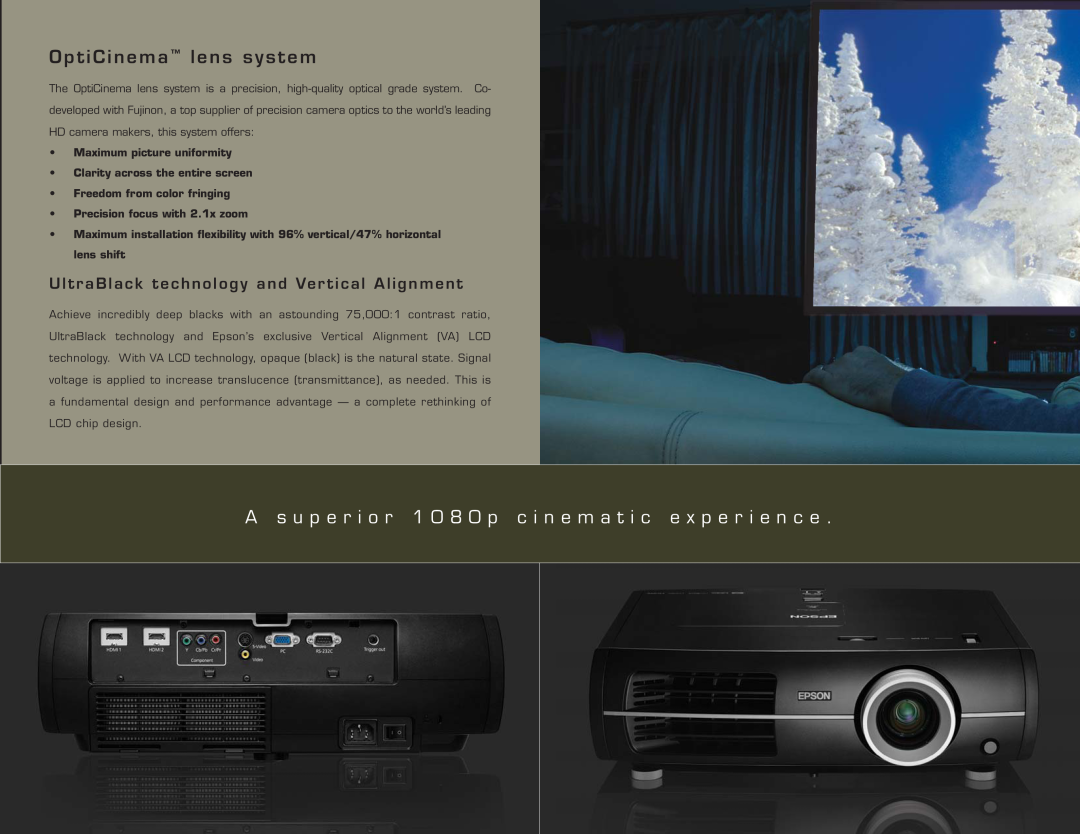 Epson Pro Cinema 7500 UB manual O p t i C i n e m a lens system, UltraBlack technology and Vertical Alignment 