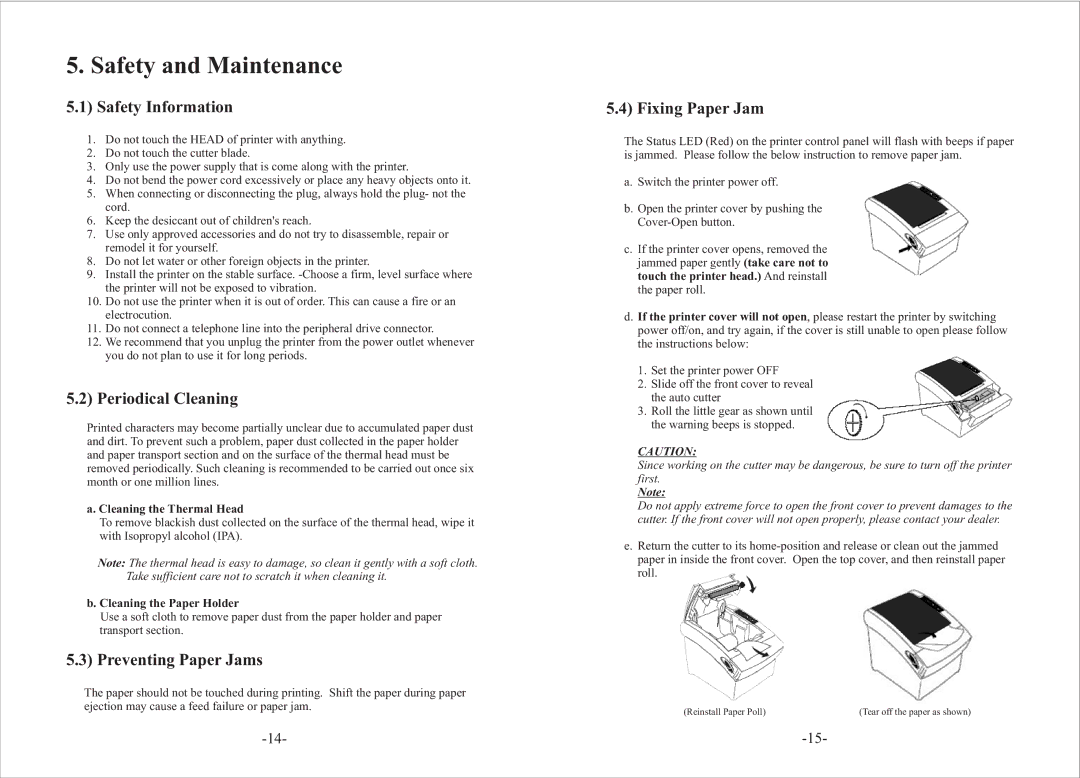 Epson PRP-080 Safety and Maintenance, Safety Information, Periodical Cleaning, Preventing Paper Jams, Fixing Paper Jam 