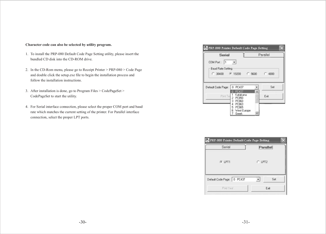 Epson PRP-080 user manual Character code can also be selected by utility program 