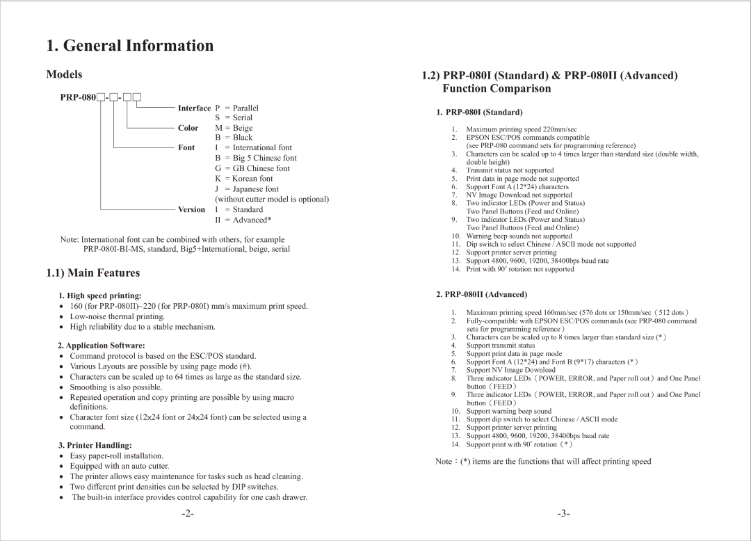 Epson user manual Models, Main Features, PRP-080I Standard & PRP-080II Advanced Function Comparison 