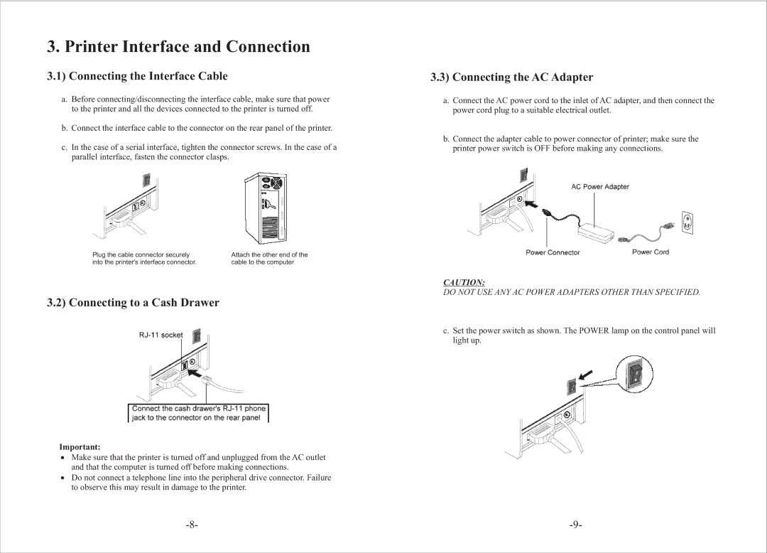 Epson PRP-080 user manual Printer Interface and Connection, Connecting the Interface Cable, Connecting to a Cash Drawer 