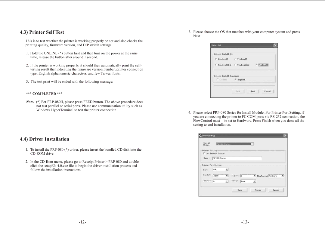 Epson PRP-080 user manual Printer Self Test, Driver Installation 