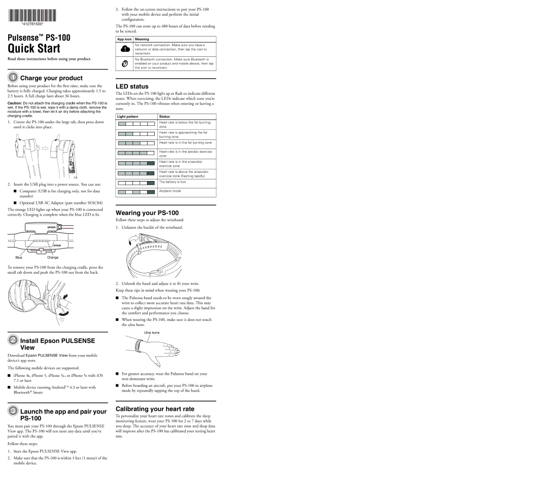 Epson quick start Charge your product, Install Epson Pulsense View, LED status, Wearing your PS-100 