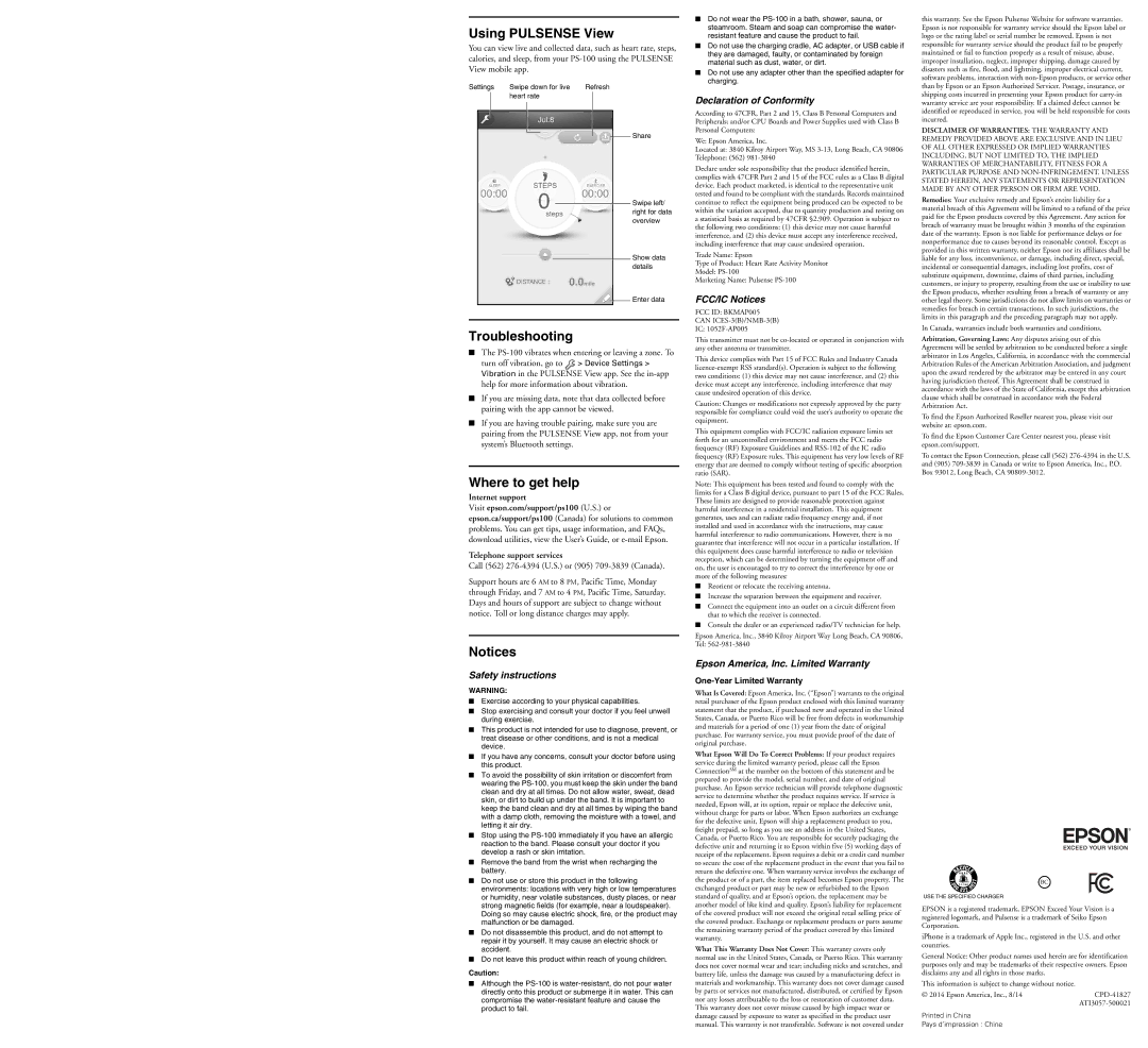 Epson PS-100 quick start Using Pulsense View, Troubleshooting, Where to get help 