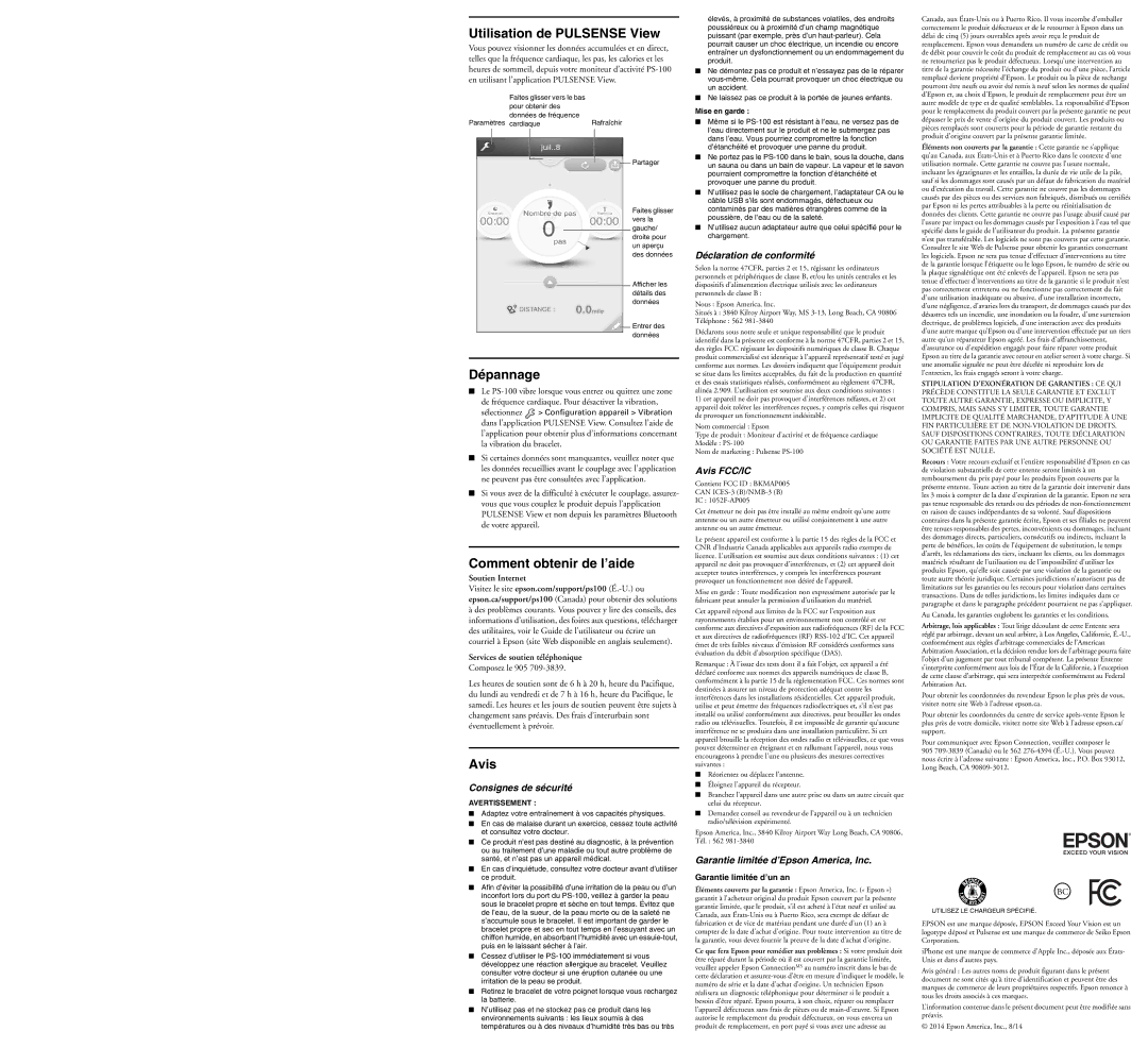 Epson PS-100 quick start Utilisation de Pulsense View, Dépannage, Comment obtenir de l’aide, Avis 