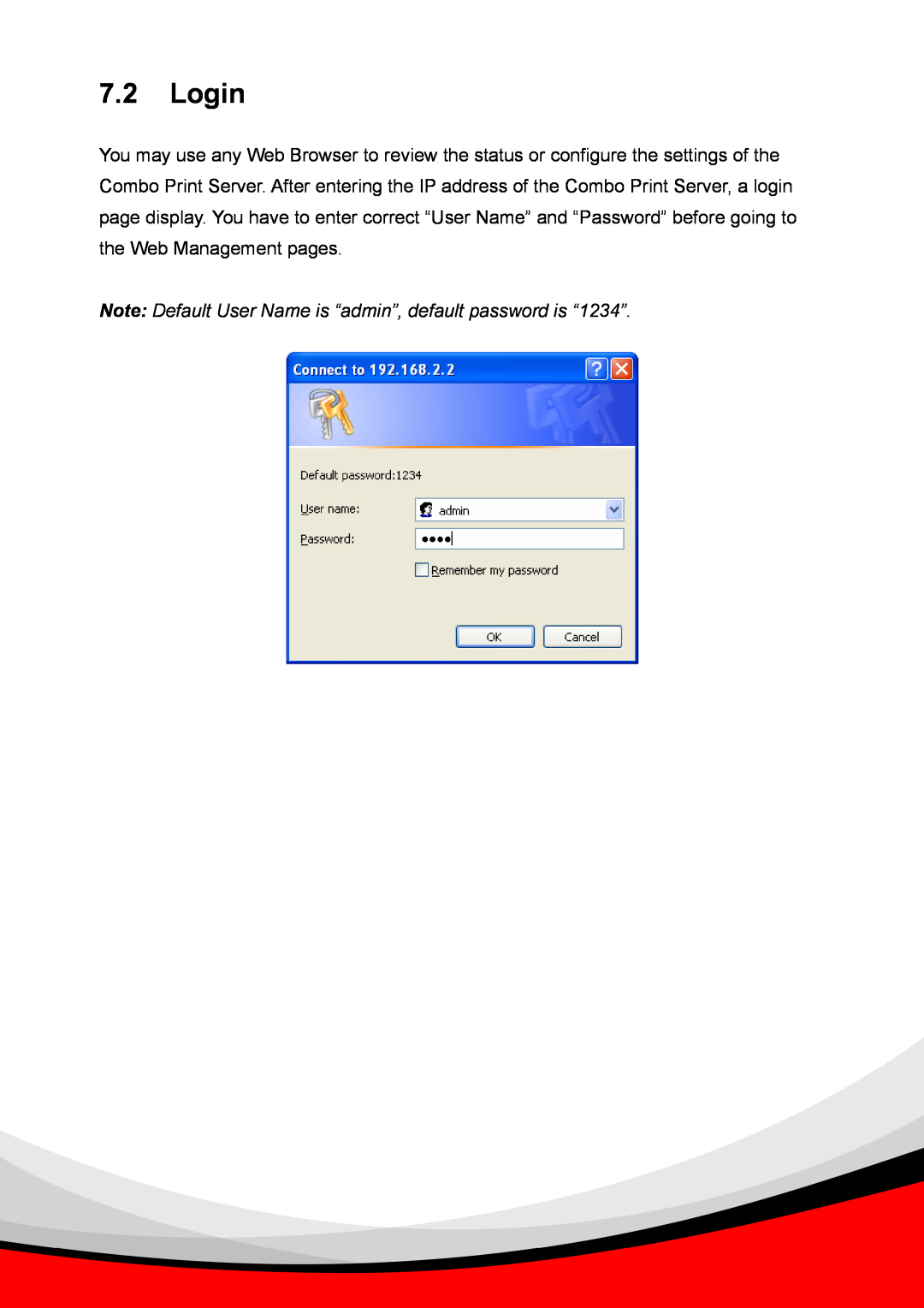 Epson PS-1216U user manual Login, Note Default User Name is “admin”, default password is “1234” 