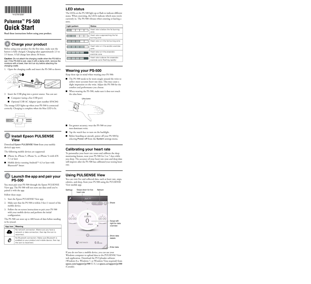 Epson quick start Charge your product, Install Epson Pulsense View, LED status, Wearing your PS-500 
