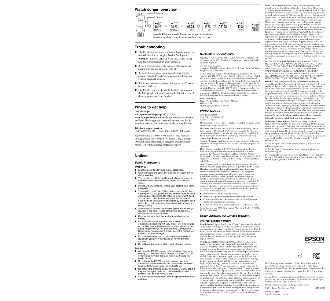 Epson PS-500 quick start Watch screen overview, Troubleshooting, Where to get help 