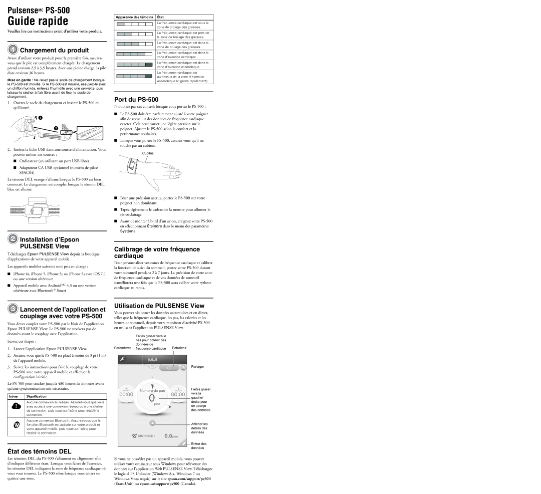 Epson Chargement du produit, Installation d’Epson Pulsense View, Port du PS-500, Calibrage de votre fréquence cardiaque 
