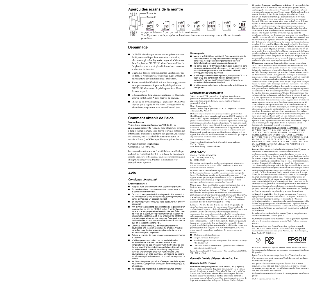 Epson PS-500 quick start Aperçu des écrans de la montre, Dépannage, Comment obtenir de l’aide, Avis 