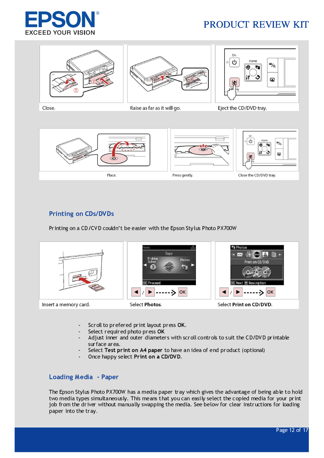 Epson PX700W specifications Printing on CDs/DVDs, Loading Media - Paper, Product Review Kit, Page 12 of 