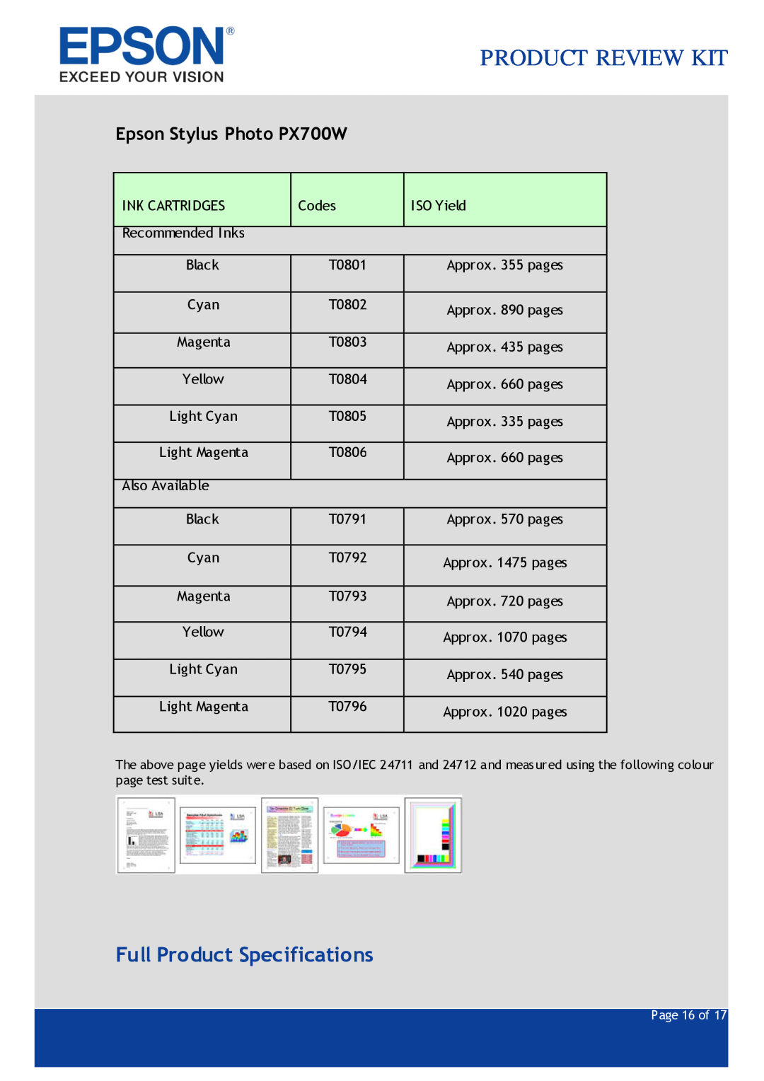 Epson specifications Full Product Specifications, Product Review Kit, Epson Stylus Photo PX700W 