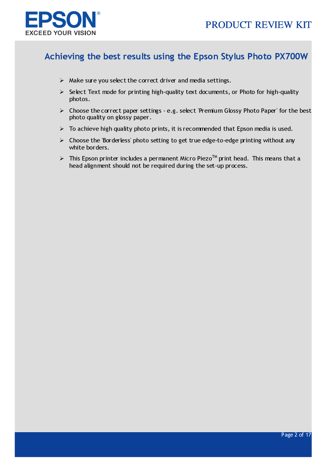 Epson PX700W specifications Product Review Kit, Page 2 of 