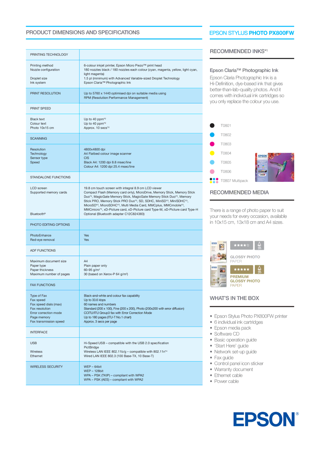 Epson PX800FW manual Product Dimensions and Specifications, Recommended INKS*1, Recommended Media, WHAT’S in the BOX 