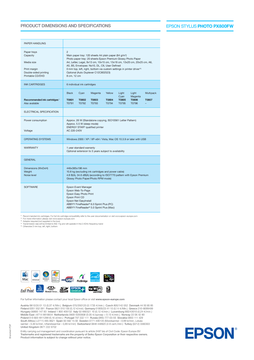 Epson PX800FW Paper Handling, INK Cartridges, Electrical Specification, Operating Systems, Warranty, General, Software 