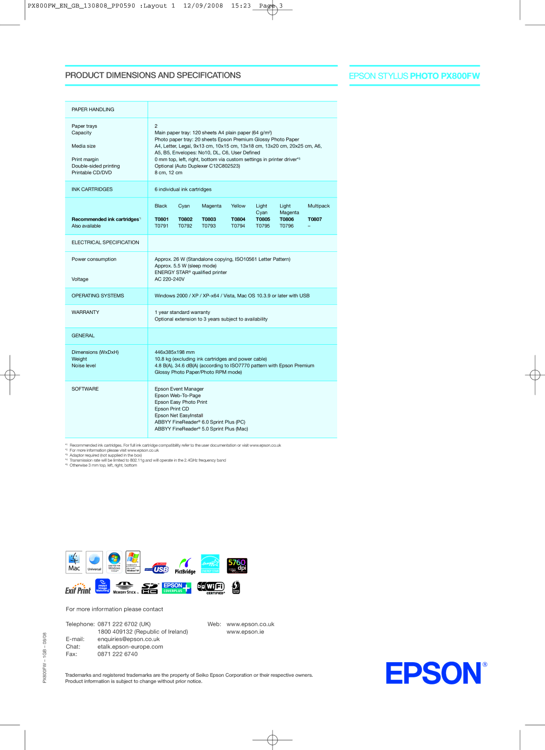 Epson PX800FW Paper Handling, INK Cartridges, Electrical Specification, Operating Systems, Warranty, General, Software 