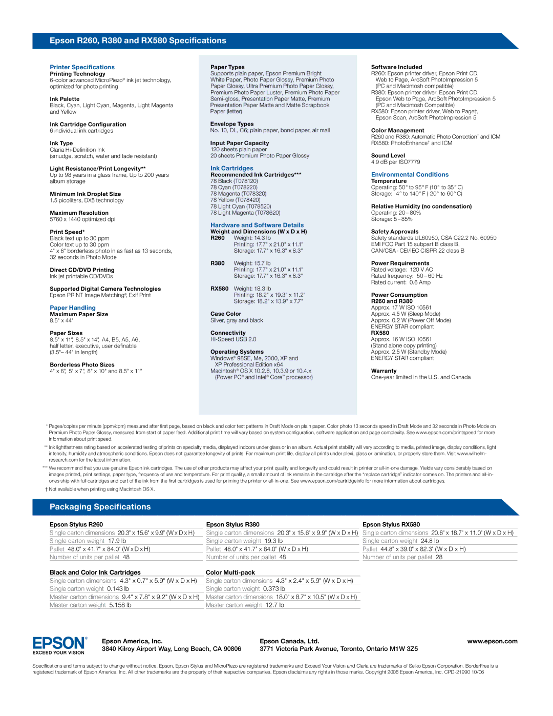 Epson R Series manual Epson R260, R380 and RX580 Specifications 