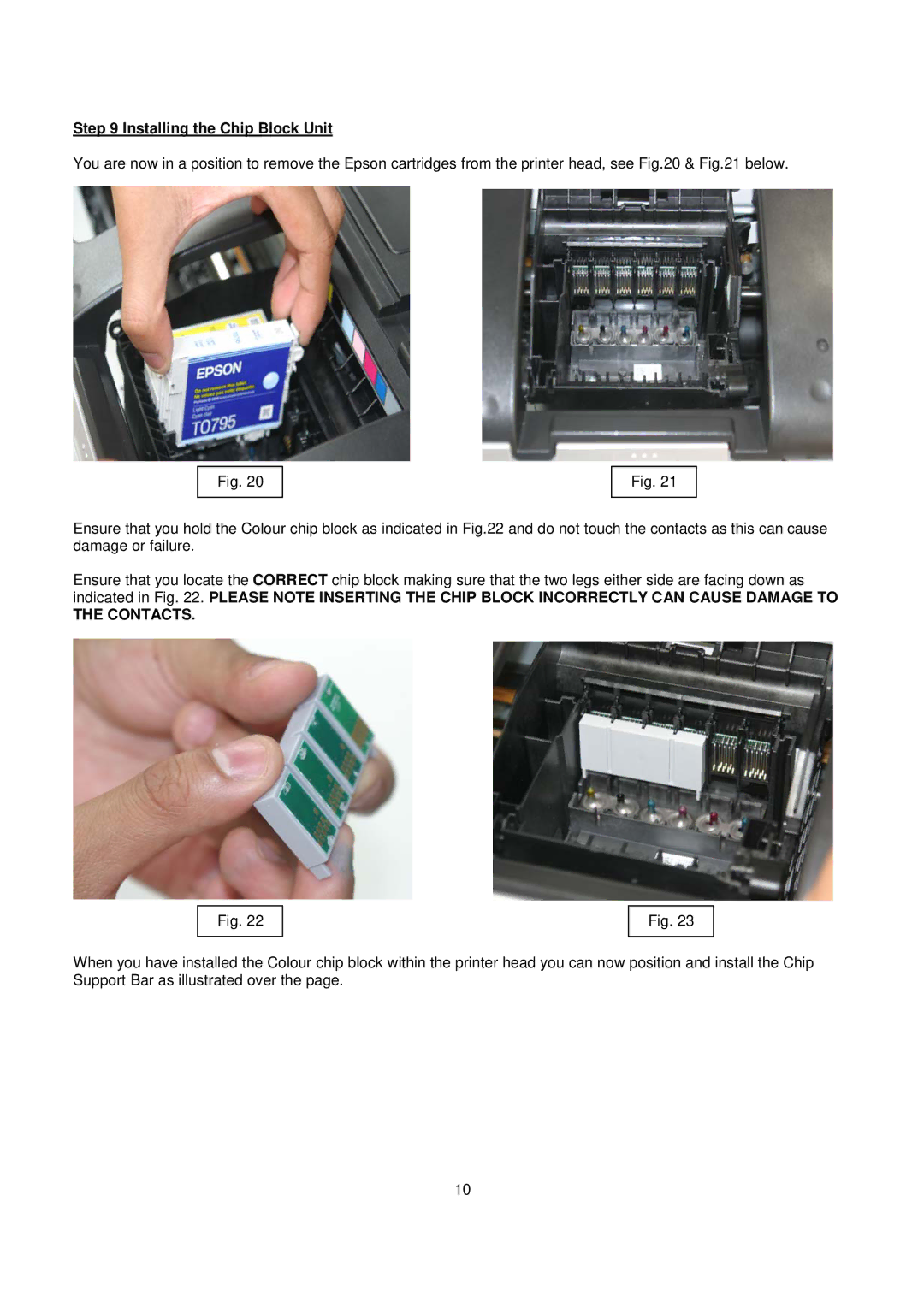 Epson R1400 installation instructions Installing the Chip Block Unit, Contacts 