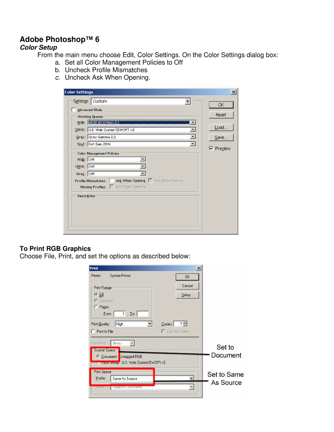 Epson R800, R1800 manual Adobe Photoshop, To Print RGB Graphics 