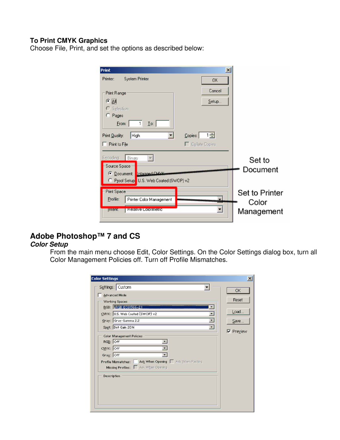 Epson R1800, R800 manual Adobe Photoshop 7 and CS, To Print Cmyk Graphics 