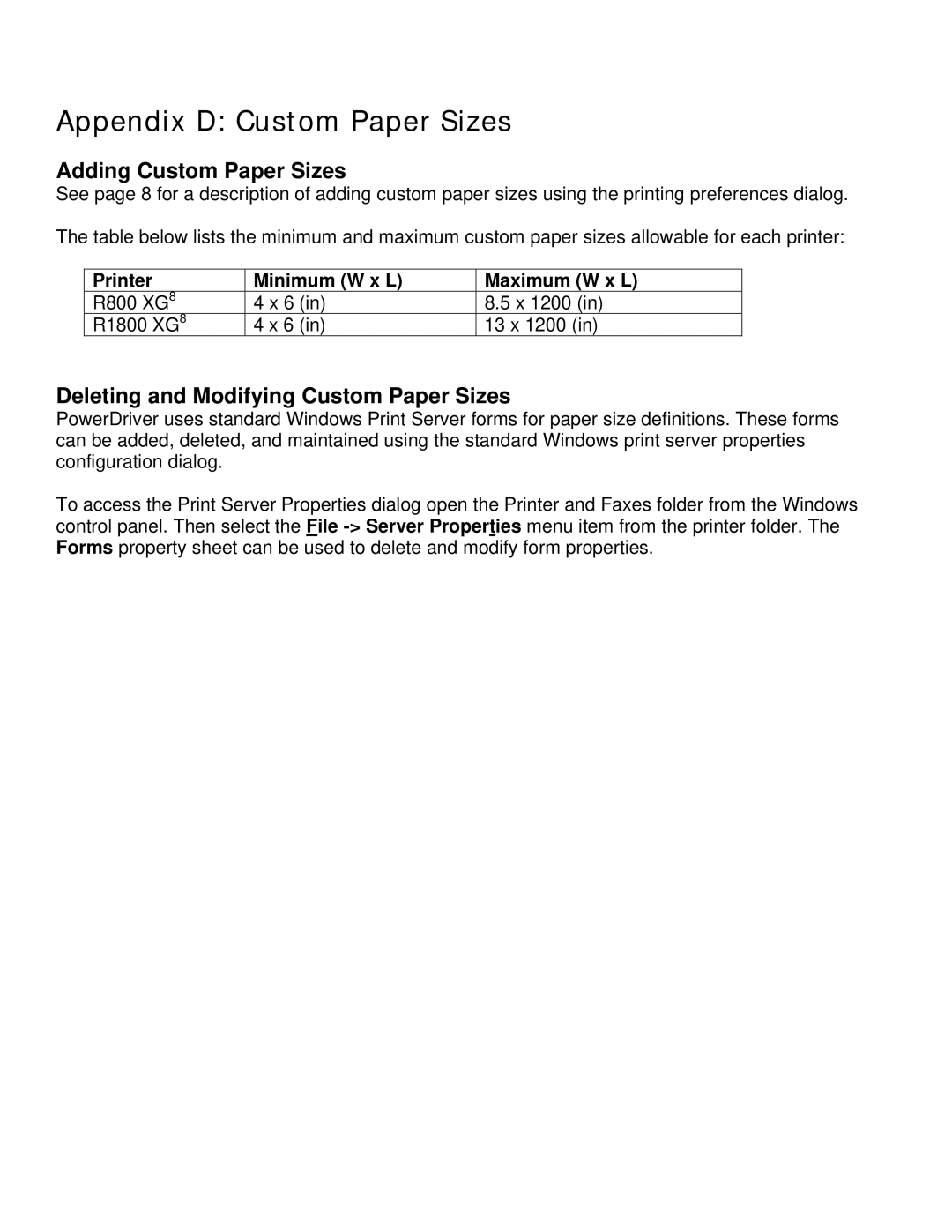 Epson R800 manual Adding Custom Paper Sizes, Deleting and Modifying Custom Paper Sizes, Printer Minimum W x L Maximum W x L 