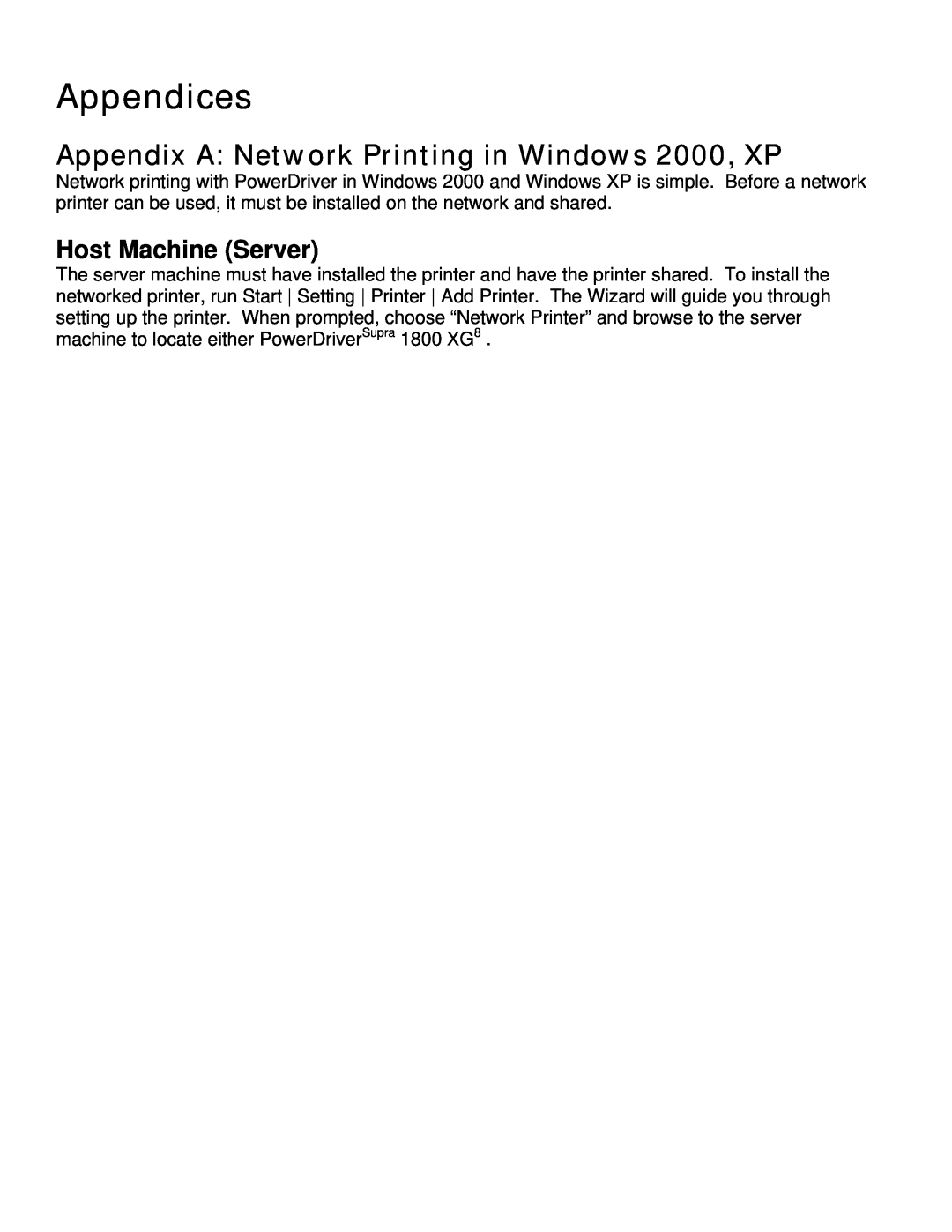 Epson R800, R1800 manual Appendices, Appendix A Network Printing in Windows 2000, XP, Host Machine Server 