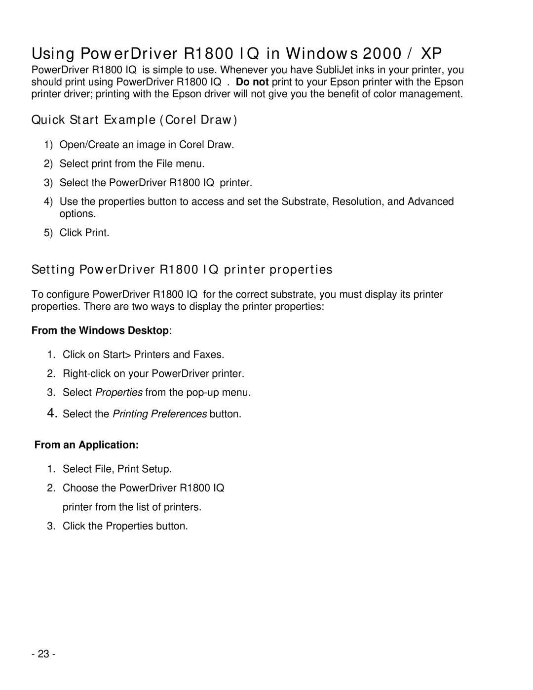 Epson manual Quick Start Example Corel Draw, Setting PowerDriver R1800 IQ printer properties, From the Windows Desktop 