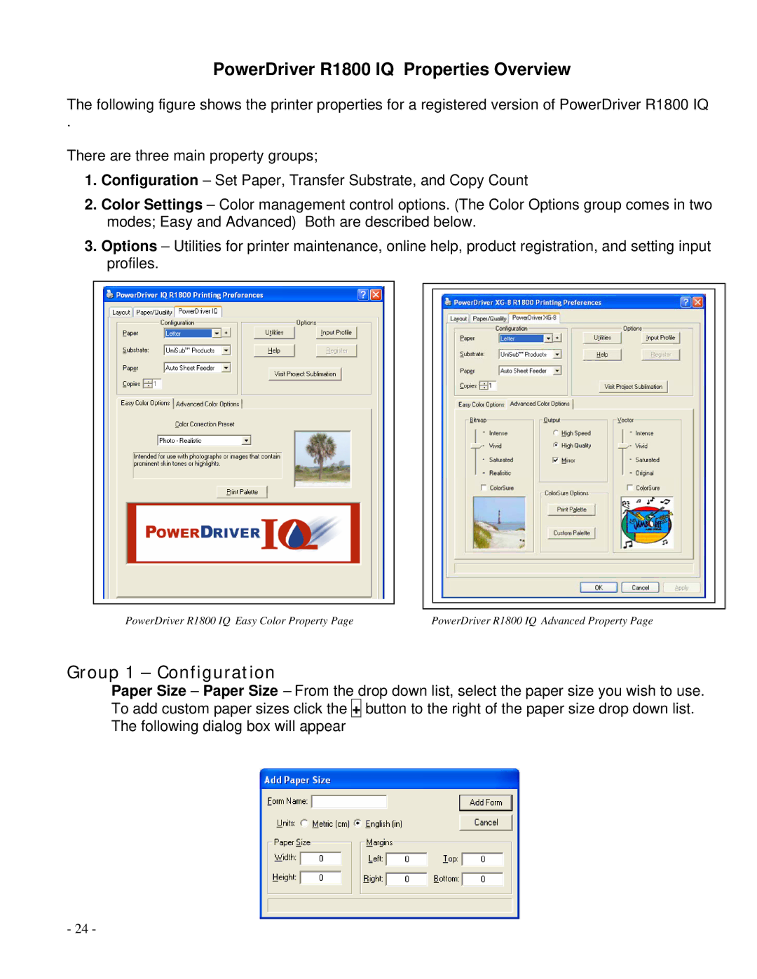 Epson manual PowerDriver R1800 IQ Properties Overview, Group 1 Configuration 